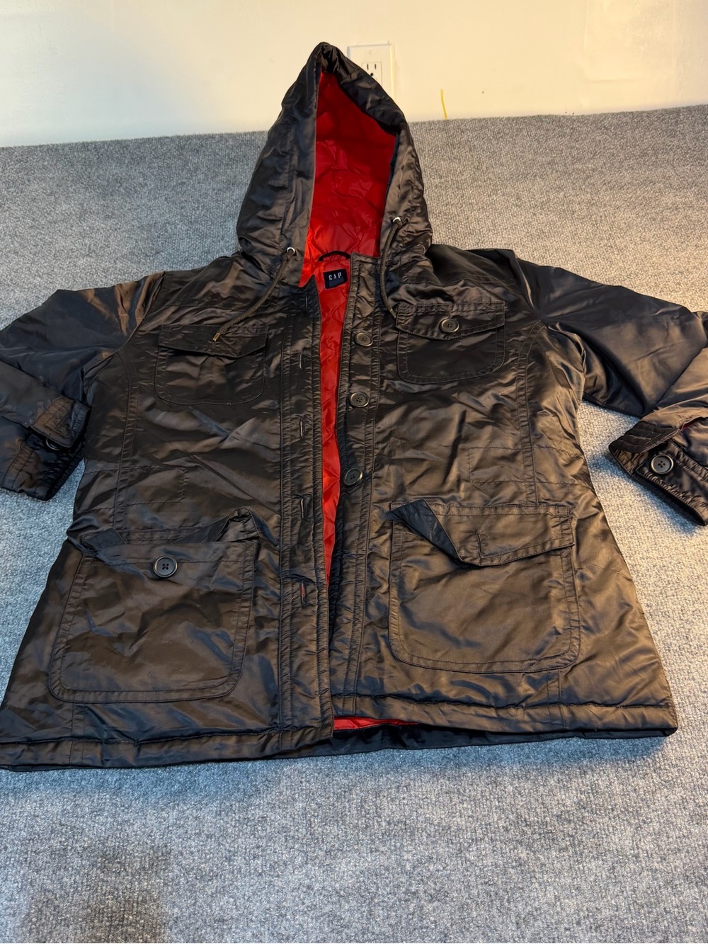GAP Black Hooded Puffer Jacket with Red Lining